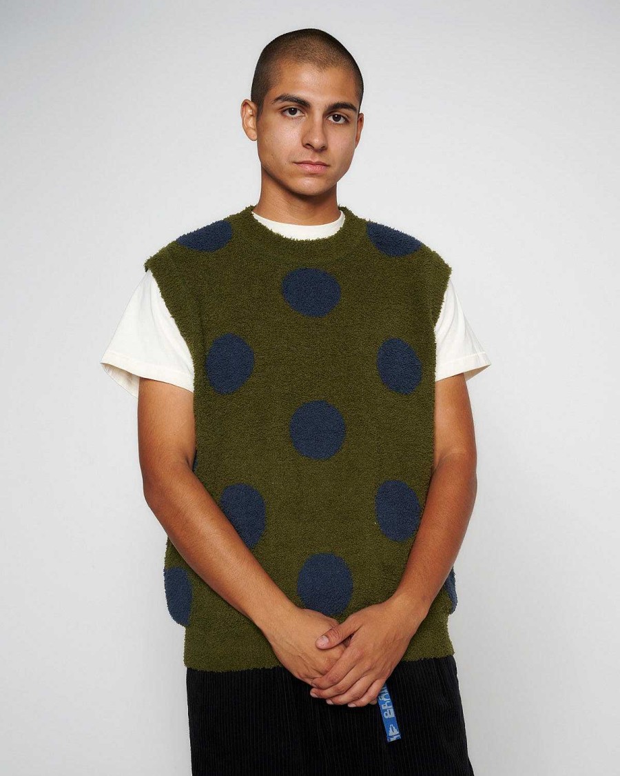 Vest | Brain Dead Teddy Fur Dot Knit Vest Olive