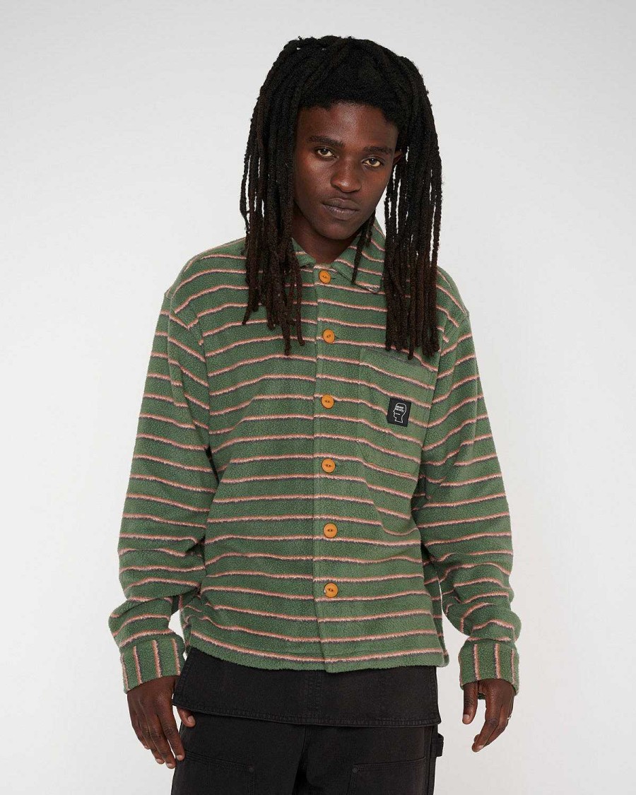 Shirt | Brain Dead Striped Micro Sherpa Overshirt Green/Multi