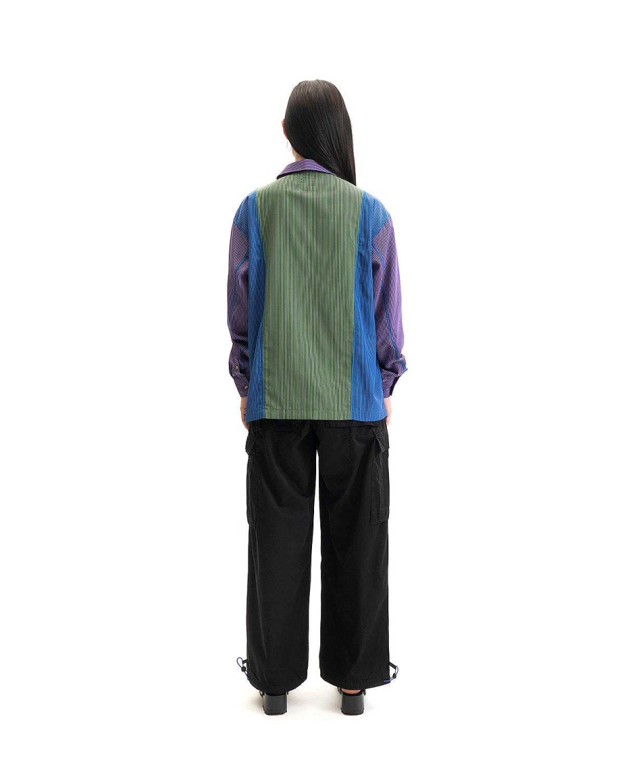 Shirt | Brain Dead Paneled Stripe Poplin Long Sleeve Button Up Purple/Blue/Green